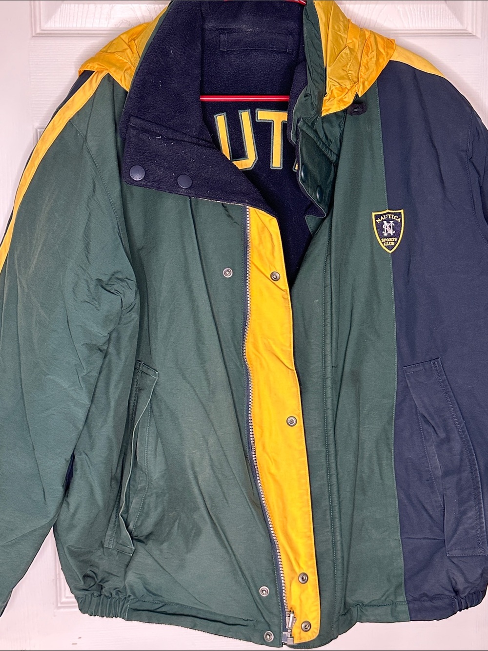 Reversible Nautica Green, Navy & Yellow Hooded Colorblock Coat